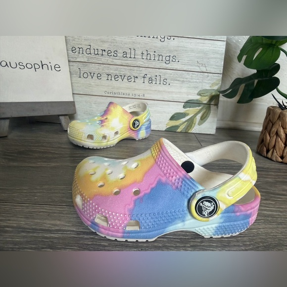CROCS Other - Crocs Kids Rainbow Pink Blue & Yellow Tie Dye Slip On Shoes. Size C 7.